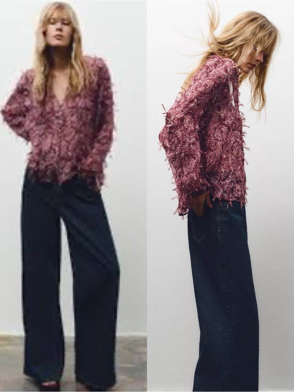 Zara Fringe Textured Blouse - Maroon/Rust Boho Long Sleeve  Button Up Size S